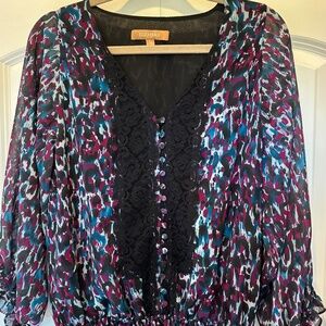 Artsy funky multicolored, leopard print  loose, dressy blouse